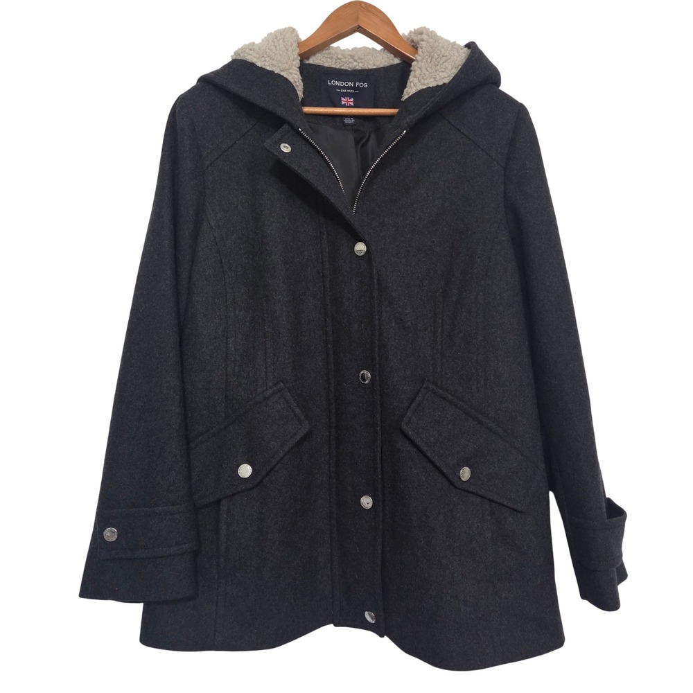London Fog Womens Wool Blend Sherpa Lined Hooded Parka Coat Charcoal Gray Large